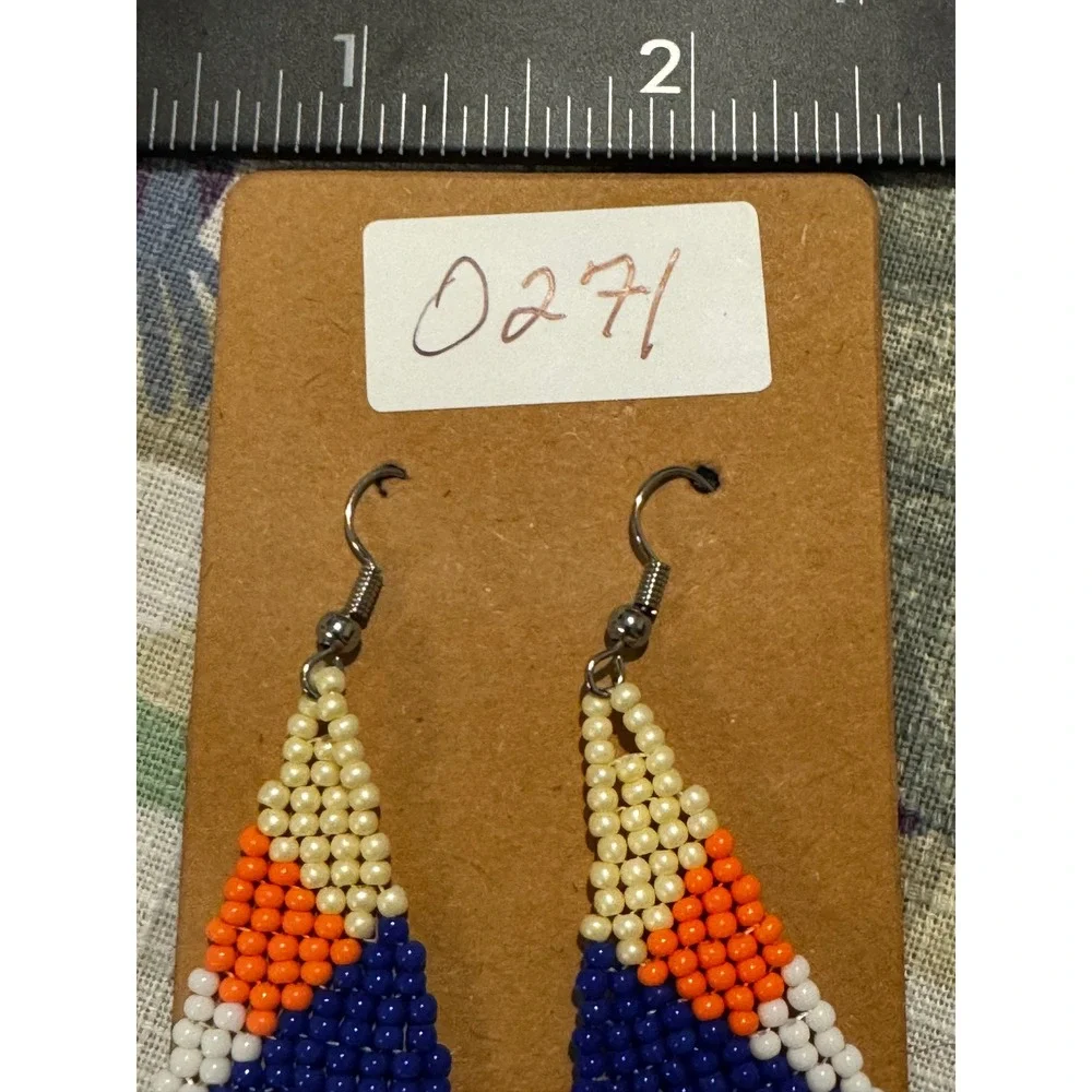 Handmade Seed Bead Fringe Earrings Geometric Boho Dangle Navy Orange Pink 5 Inch